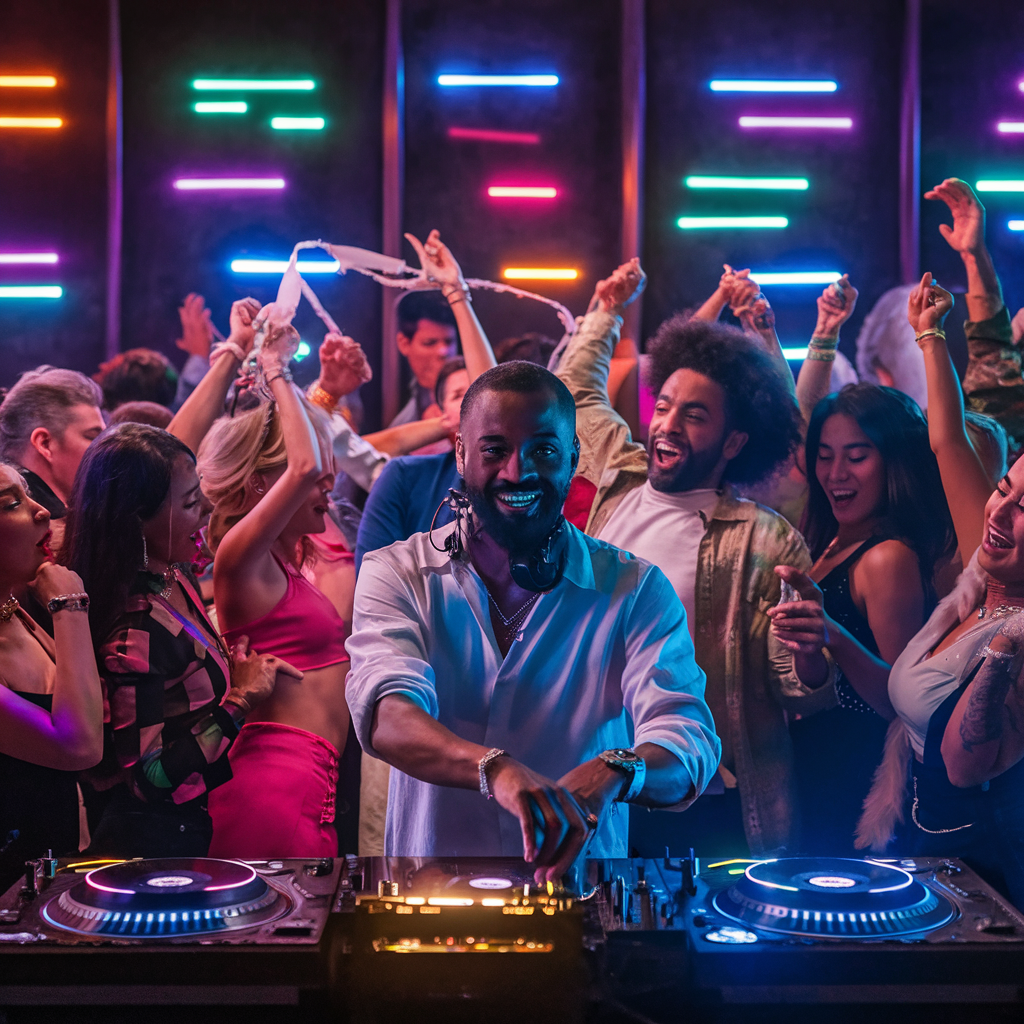 Um DJ negro toca música em uma boate vibrante com uma multidão de pessoas diversas dançando e curtindo a festa sob luzes coloridas de neon durante uma noite no fim de semana.